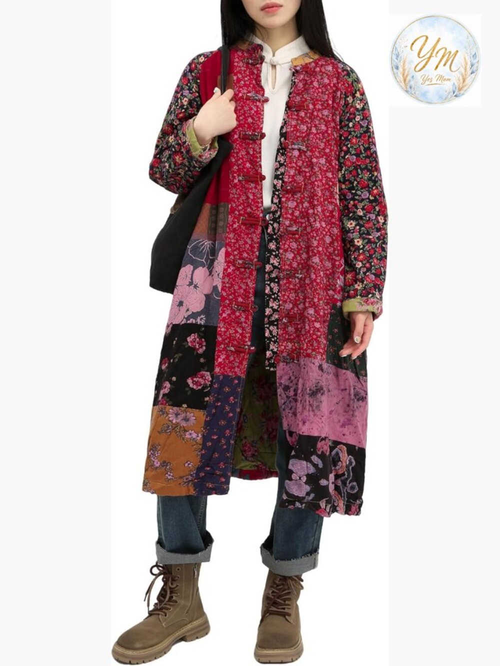 Women's Cotton Linen Printed Long Jacket Cottagecore Patchwork Casual
